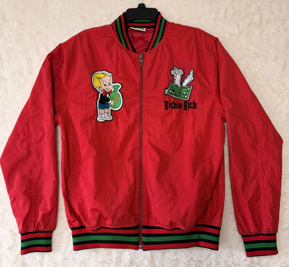 Richie Rich Mens Size XL Red Bomber Jacket Embroidered Patches Dollar Signs